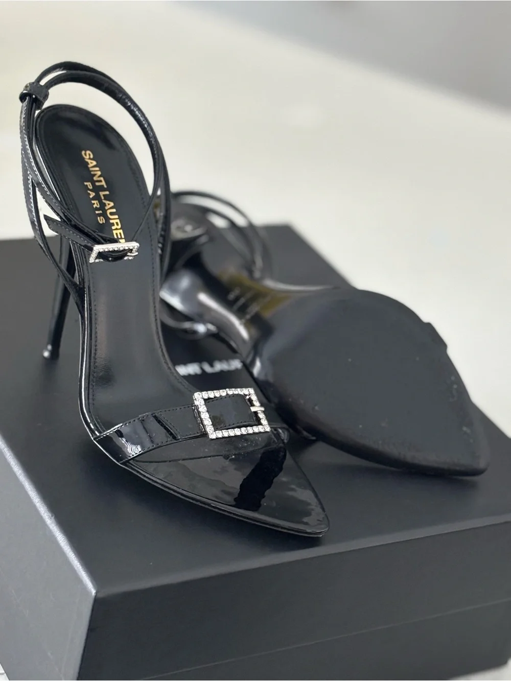 Saint Laurent Black Patent Slingback Heels with Crystal Buckles - Picture 4 of 7